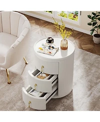 Tribesigns Nightstand with 3 Drawers, No Assembly Bedside Table Night Stand, Modern Round End Side Table with Storage and Gold Handles, White