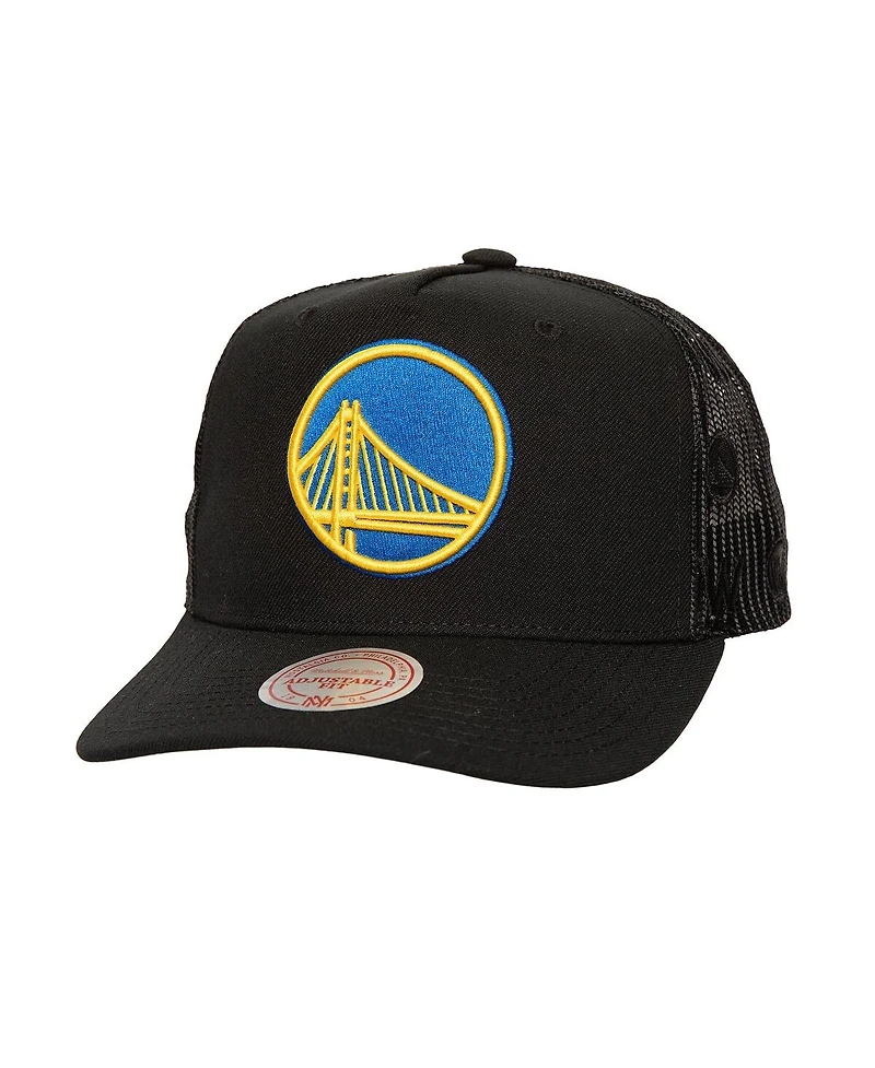 Mitchell & Ness Men's Black Golden State Warriors Monogram Allover Logo Mesh Trucker Adjustable Hat