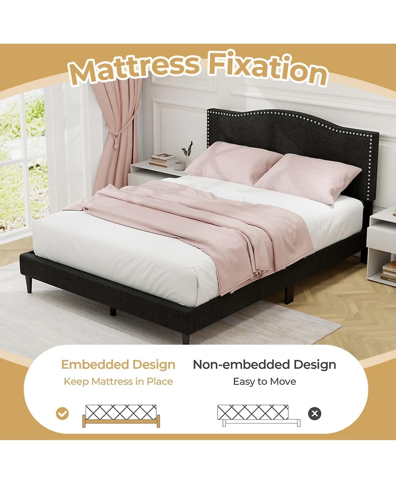 Queen Size Upholstered Bed Frame with Nailhead Trim Headboard Wooden Slats Support