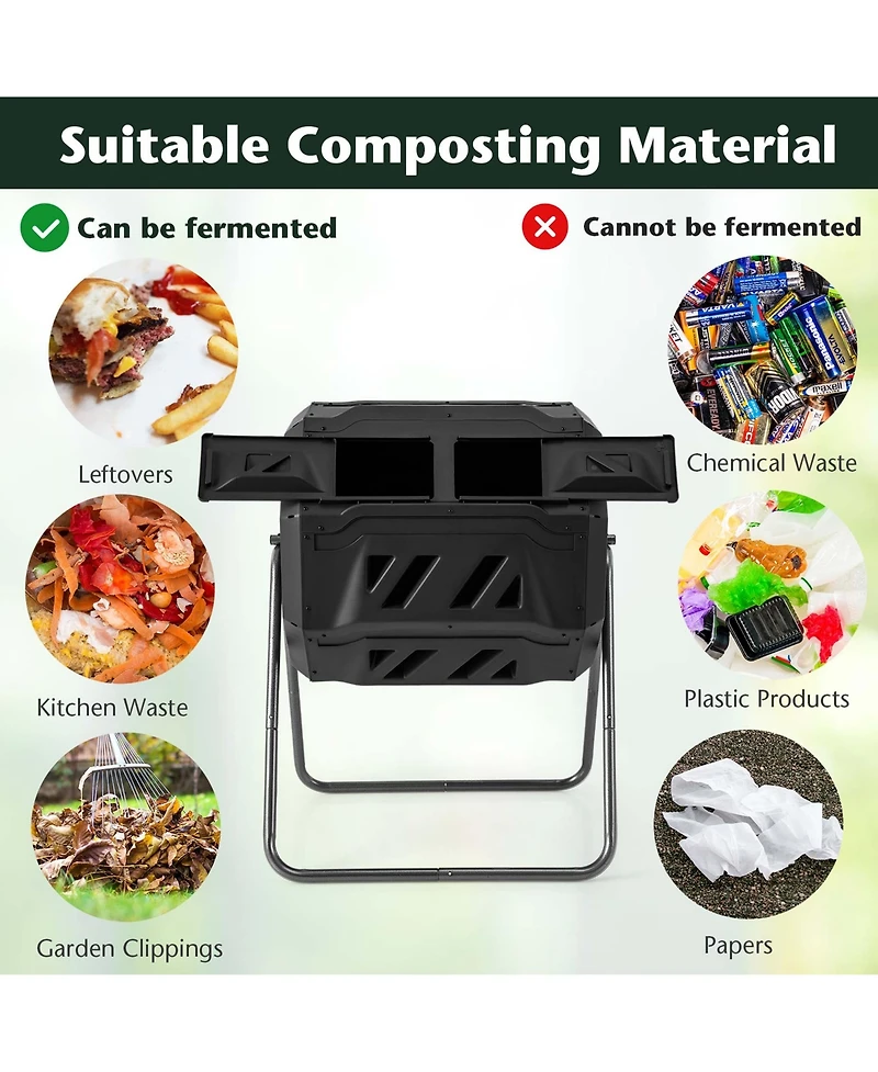 Costway 42-Gal Compost Bin Dual Chamber Composting Tumbler with 2 Sliding Doors Metal Frame