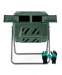 Costway 42-Gal Compost Bin Dual Chamber Composting Tumbler with 2 Sliding Doors Metal Frame