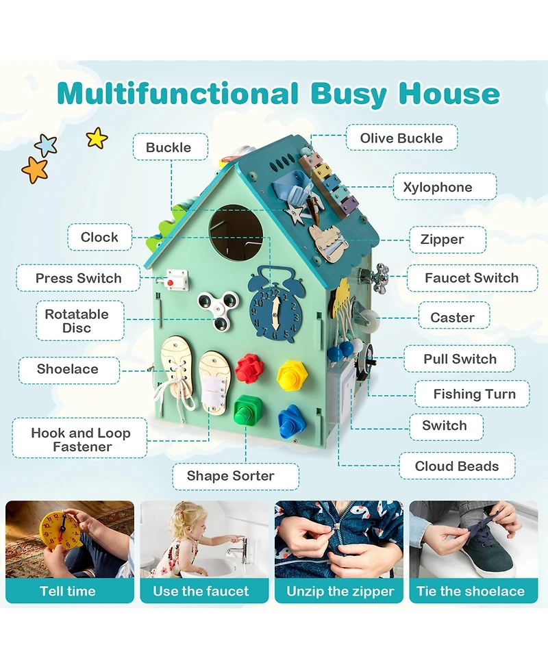 Wooden Busy House Montessori Toy with Sensory Games & Interior Storage Space