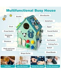 Wooden Busy House Montessori Toy with Sensory Games & Interior Storage Space