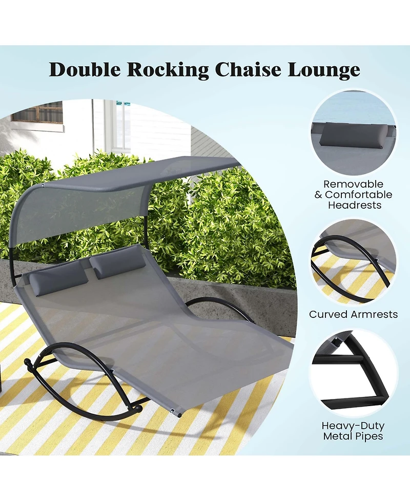 Costway Outdoor Dual Rocker Sunbed 2-Person Canopied Lounger with 2 Detachable Headrests
