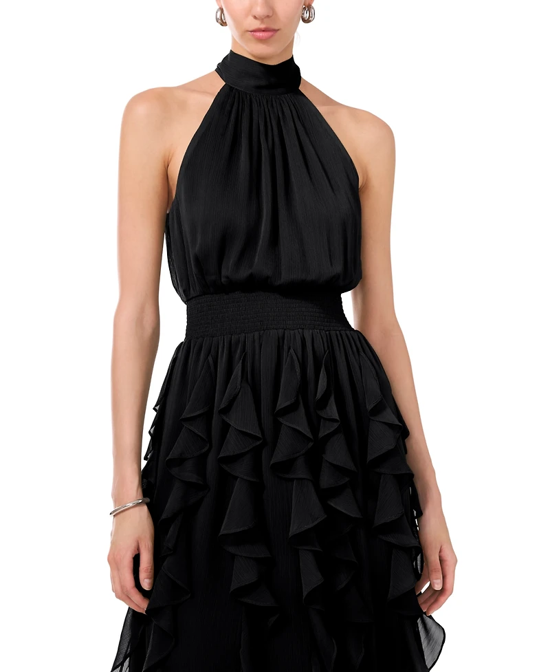 1.state Women's Smocked Cascade-Ruffle Halter Maxi Dress