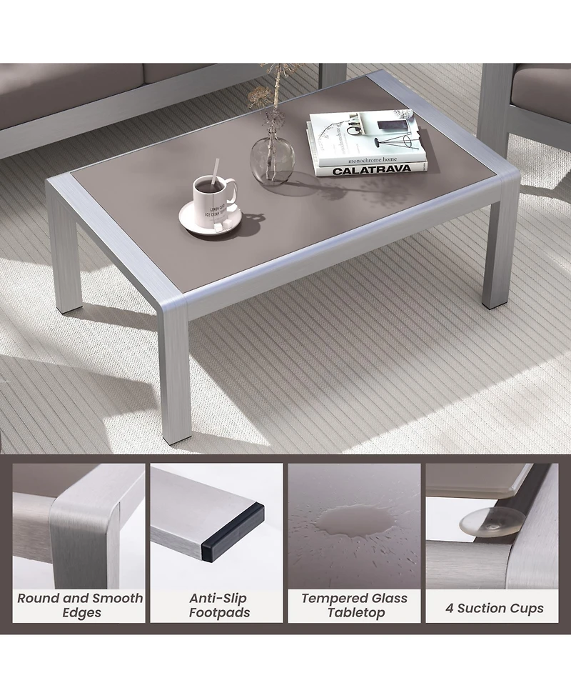 Slickblue Outdoor Rectangle Coffee Table with Tempered Glass Tabletop for Backyard Poolside-Grey