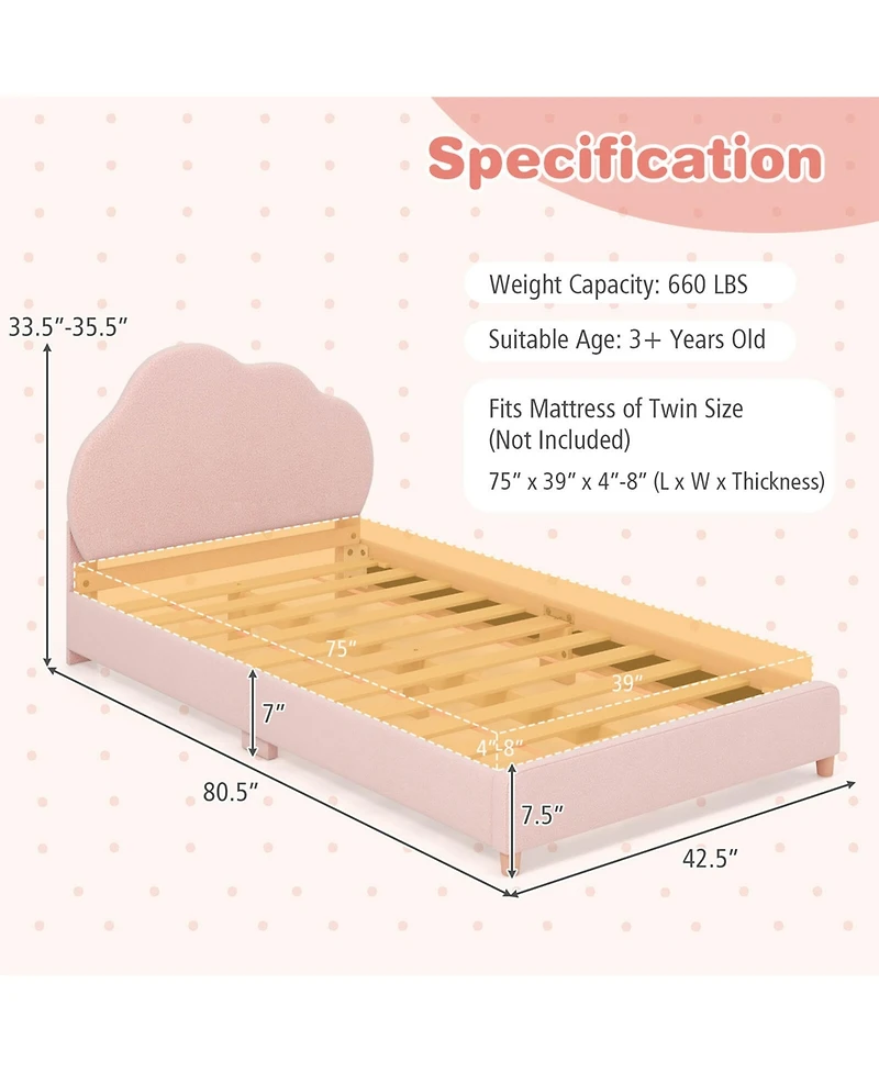 Costway Kids Twin Platform Bed Frame Upholstered Twin Size Bed with Wooden Slats Support
