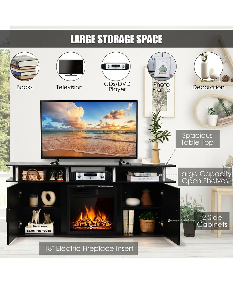 Gymax 63'' Fireplace Tv Stand W/18'' 1500W Electric Fireplace up to 70'' Black