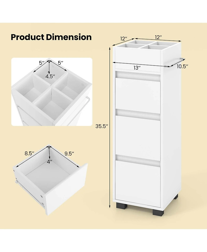 Bathroom Floor Cabinet with 3 Drawers 4 Compartments 2-Side Available Towel Shelf
