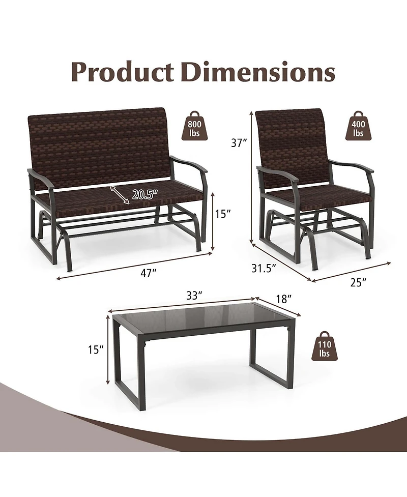 Costway 4 Piece Patio Gliding Set with Tempered Glass Coffee Table Quick Dry Foam Poolside