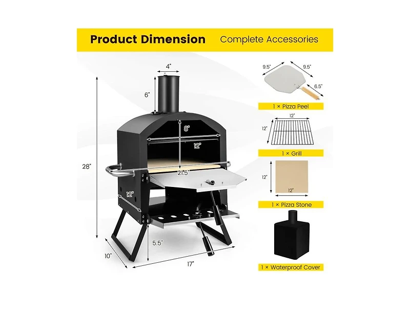 Slickblue Outdoor Pizza Oven with Anti-scalding Handles and Foldable Legs-Black