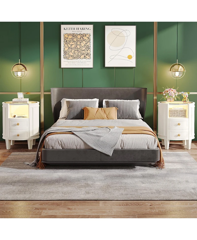 Tribesigns 2-Drawer Nightstand with Glass Tabletop, Modern White Oval Led Nightstands, No Assembly Required, Oval Round Night Stand Side Table for Bed