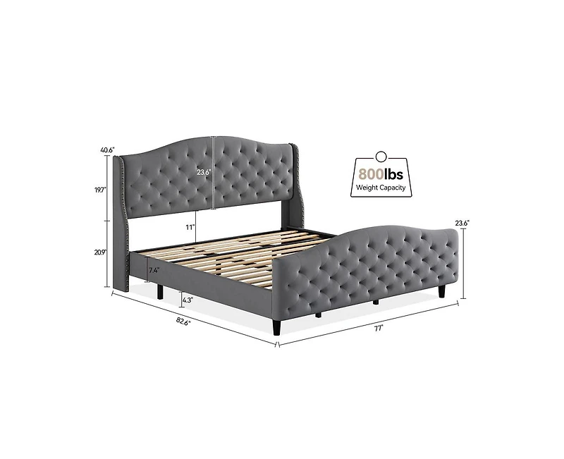 gaomon Luxury Upholstered Bed Frame with Wingback Headboard, Velvet Platform Bed Frame Mattress Foundation with Wooden Slats, No Box Spring Needed, Gr