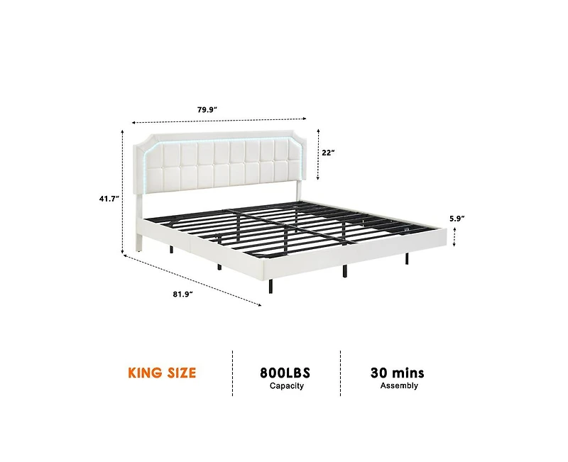 gaomon Floating Bed Frame King Size with Rgb Led Lights, Upholstered Platform King Bed with Adjustable Headboard, Button Tafted Headboard No Box Sprin