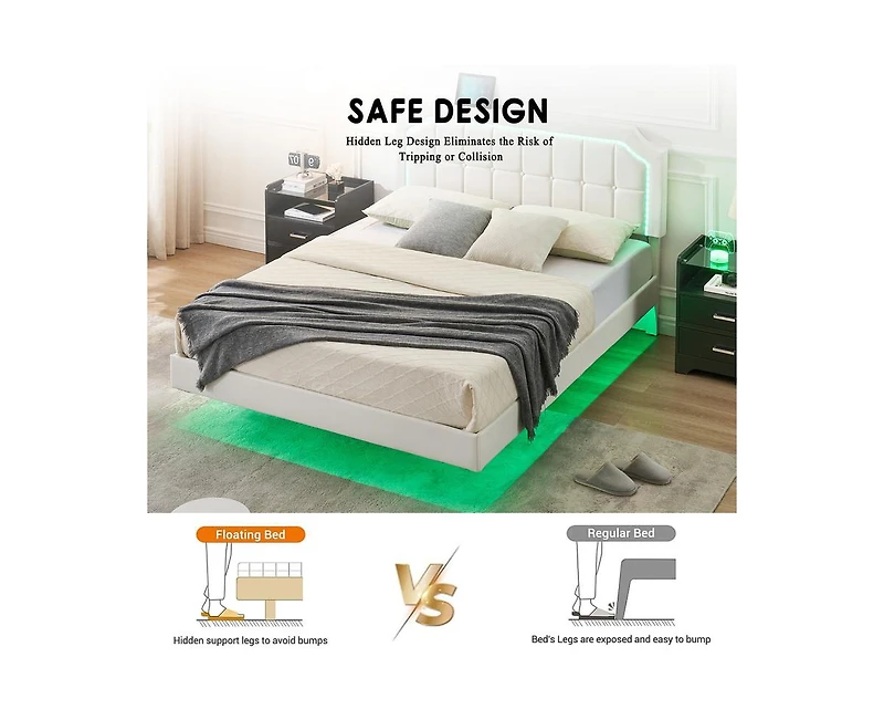 gaomon Floating Bed Frame King Size with Rgb Led Lights, Upholstered Platform King Bed with Adjustable Headboard, Button Tafted Headboard No Box Sprin