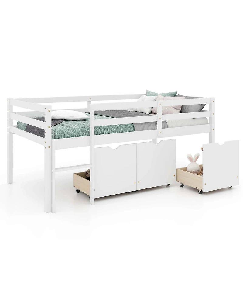 Twin Low Loft Bed with 3 Drawers Ladder & Full-length Guardrails Storage