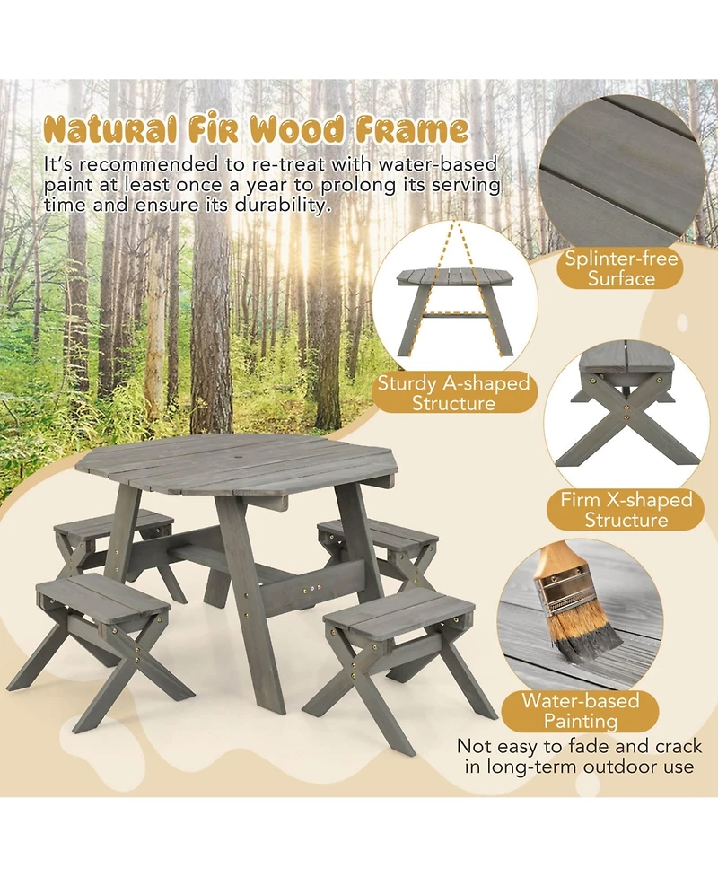 Kids Wooden Table Set with Octagon 4 Stools & Removable Adjustable Umbrella
