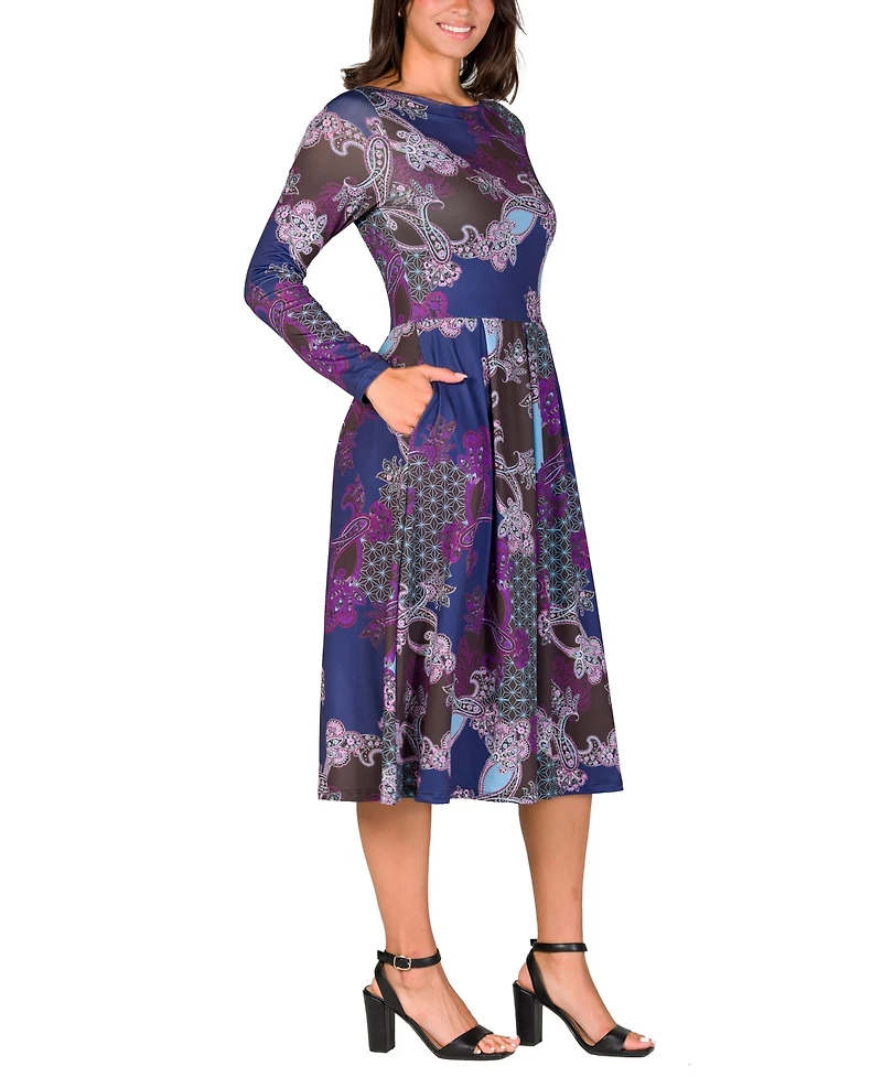 24seven Comfort Apparel Women's Purple Paisley Midi Length Long Sleeve Pocket Dress