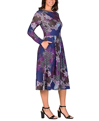 24seven Comfort Apparel Women's Purple Paisley Midi Length Long Sleeve Pocket Dress
