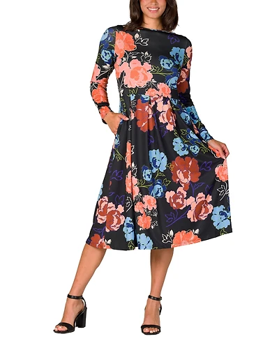 24seven Comfort Apparel Women's Black Floral Midi Length Long Sleeve Pocket Dress
