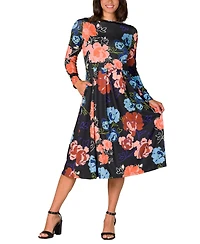 24seven Comfort Apparel Women's Black Floral Midi Length Long Sleeve Pocket Dress