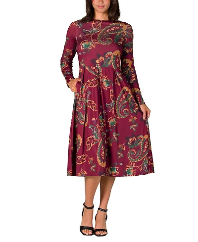 24seven Comfort Apparel Women's Wine Paisley Midi Length Long Sleeve Pocket Dress
