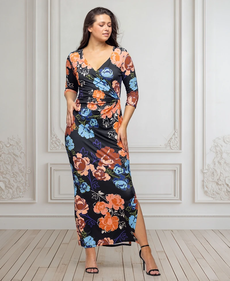 24seven Comfort Apparel Women's Black Floral Side Slit Maxi Dress