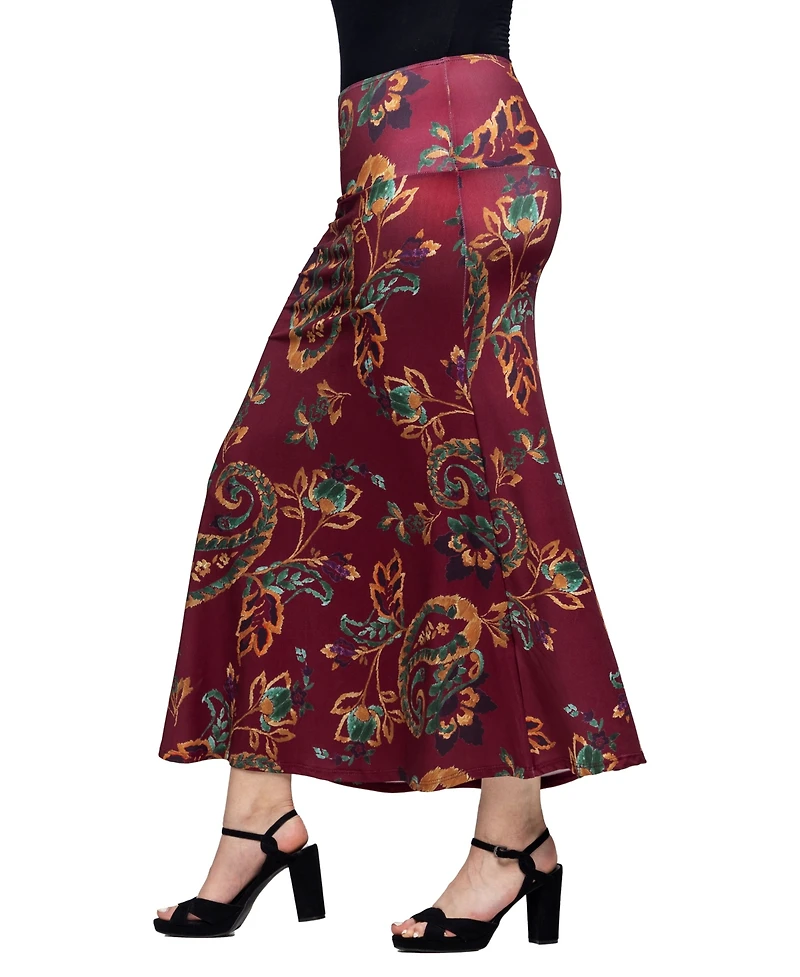 24seven Comfort Apparel Women's Wine Print Elastic Waist A Line Maxi Skirt