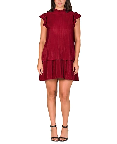 24seven Comfort Apparel Women's Ruffle Cap Sleeve High Neck Pleated Mini Dress