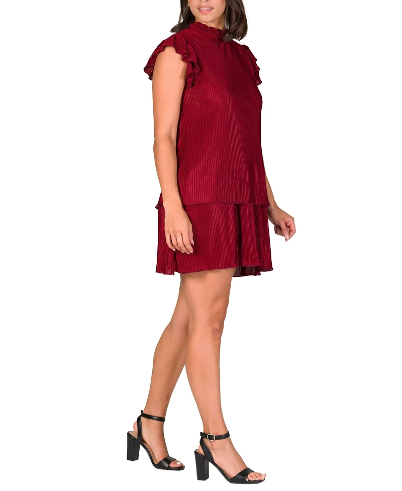 24seven Comfort Apparel Women's Ruffle Cap Sleeve High Neck Pleated Mini Dress