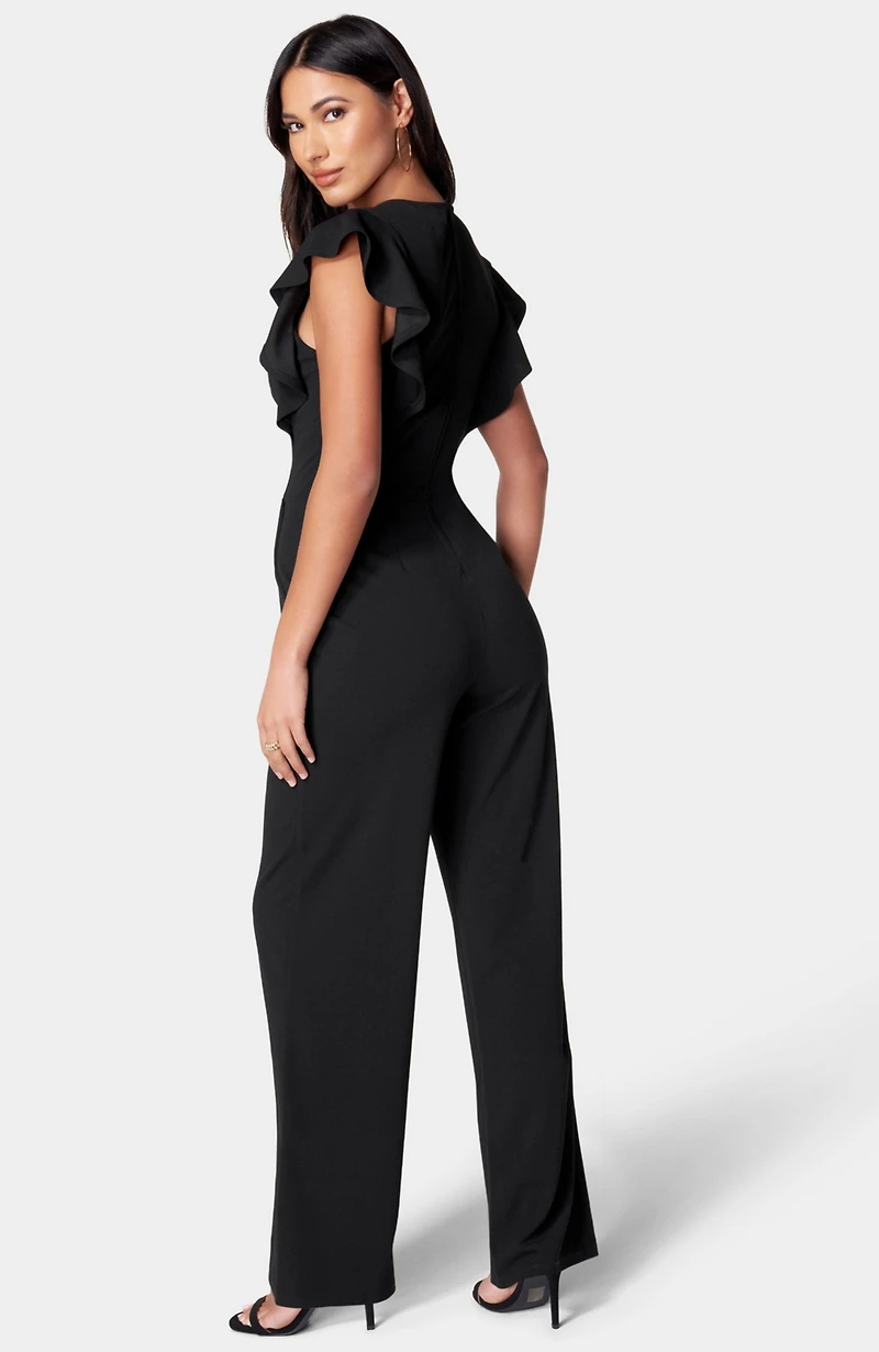 Bebe Women's Scuba Crepe Jumpsuit With Ruffle Sleeve
