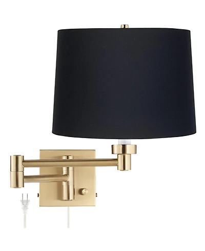 Barnes and Ivy Alta Swing Arm Wall Mounted Lamp Warm Antique Brass Plug-In Light Fixture Dimmable Black Fabric Drum Shade for Bedroom Bedside House Re
