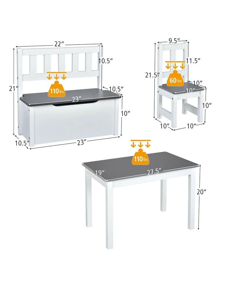 Slickblue 4 Pieces Kids Wooden Activity Table and Chairs Set with Storage Bench and Study Desk