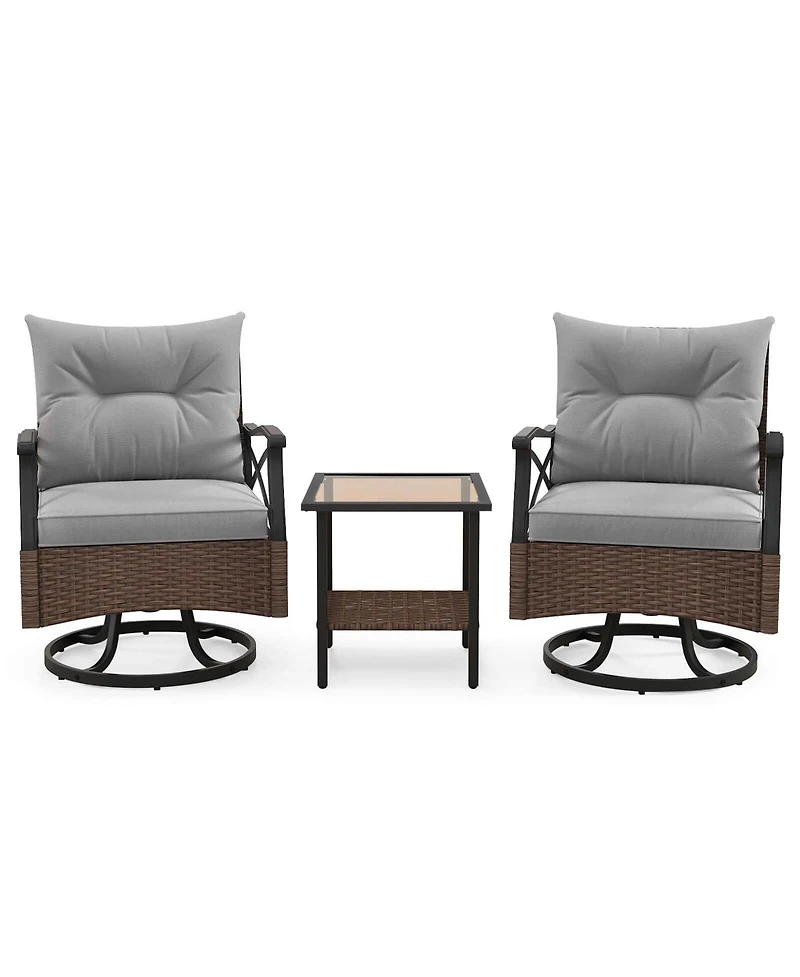 3 Pcs Patio Swivel Rocker Set with 2-Tier Coffee Table & Cozy Seat Back Cushions