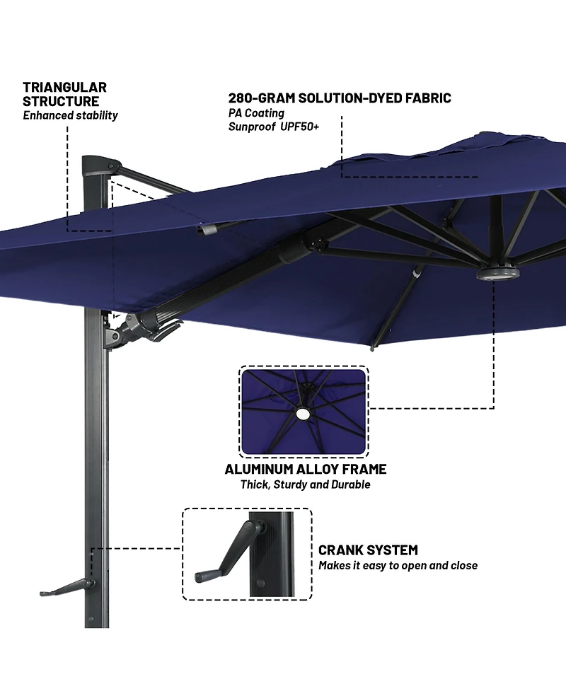 Boyel Living 10 ft. 360 B0; Rotation Square Cantilever Patio Umbrella with Base and Led Light