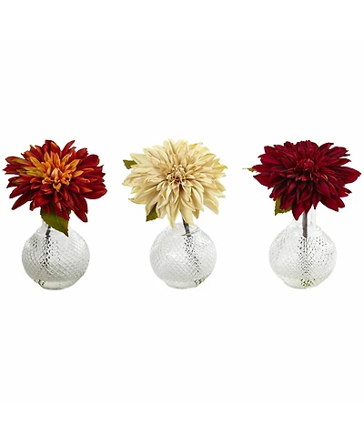 Slickblue Set of 3 Dahlias with Vase - Elegant Artificial Flowers for Home Decor
