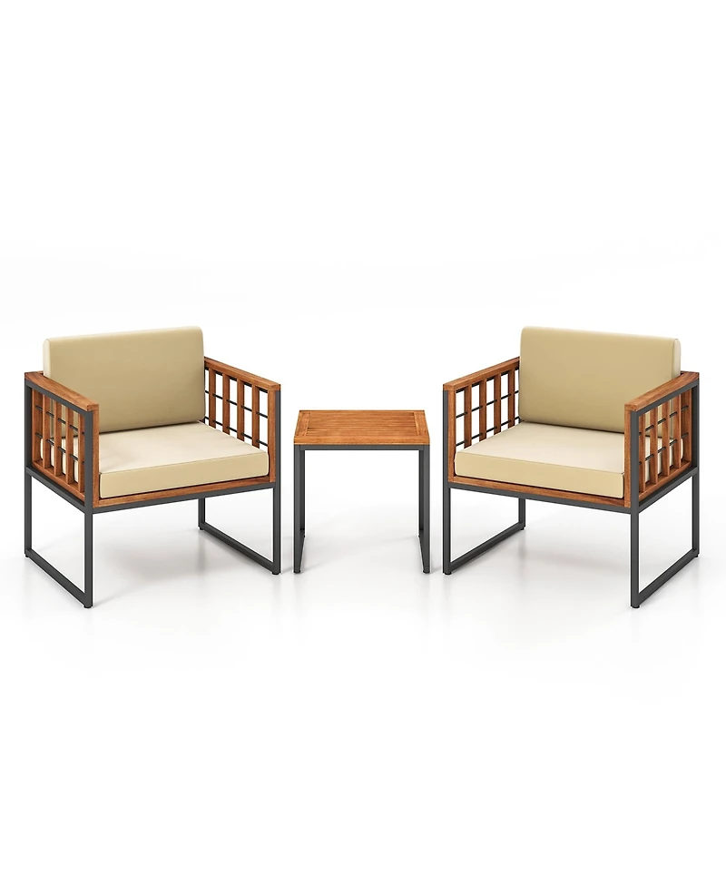 Gymax 3 Pieces Patio Furniture Set Acacia Wood Bistro Conversation Set w/ 2 Cushioned Chairs Beige