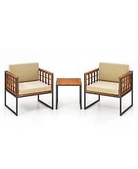 Gymax 3 Pieces Patio Furniture Set Acacia Wood Bistro Conversation Set w/ 2 Cushioned Chairs Beige