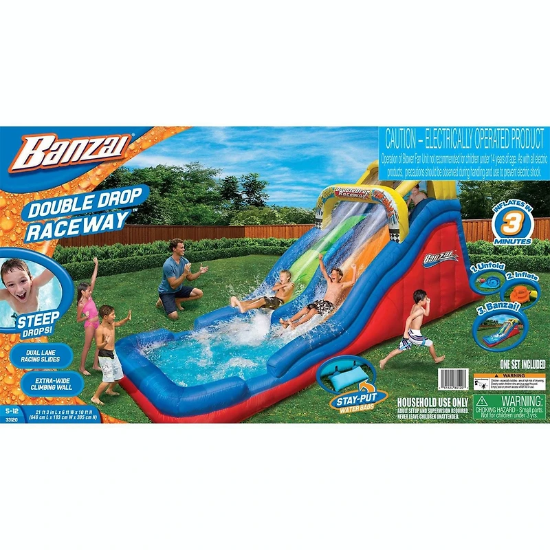 Banzai Double Drop Raceway 2 Lane Inflatable Outdoor Water Slide & Climbing Wall