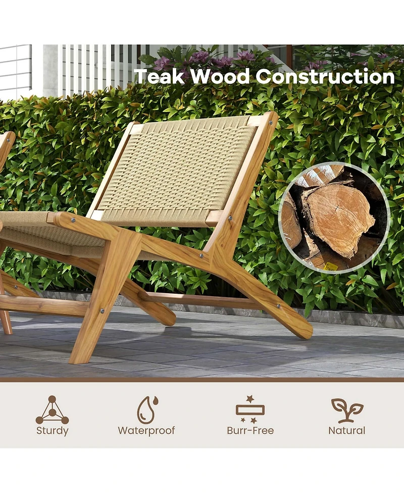 Costway 1 Pcs Teak Wooden Chair with Braided Rope Seat & Backrest Mid Century Modern Accent Chair