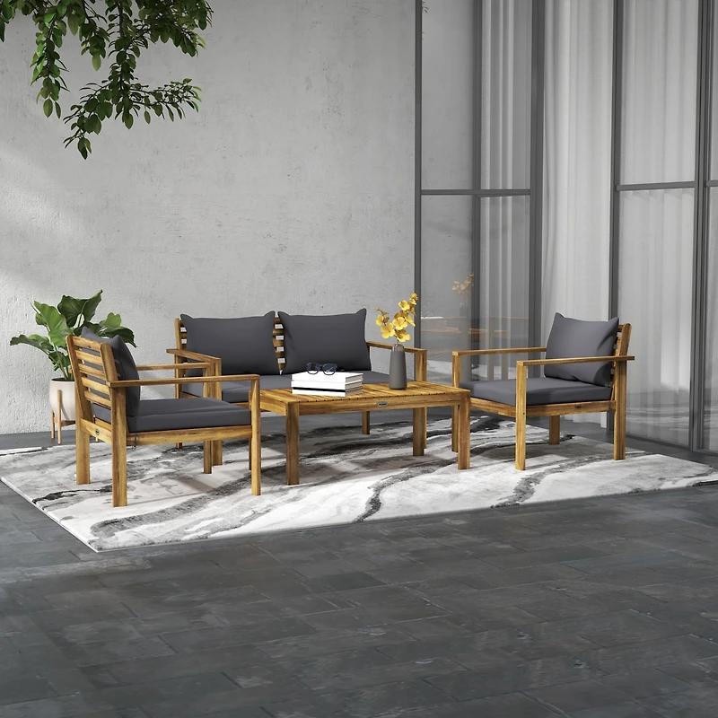 Outsunny 4pc Wood Outdoor Patio Furniture Set with Table, Cushions,