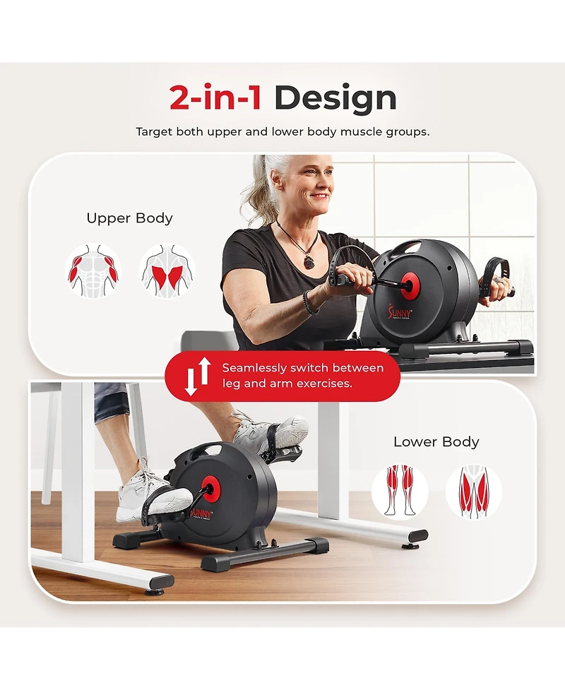 Sunny Health & Fitness Under Desk Smart Mini Pedal Exerciser, Dual Function Exercise Cycle Bike, Dark Grey