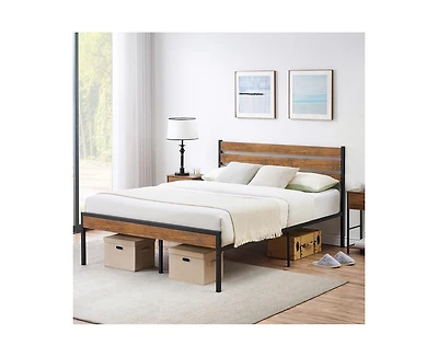 gaomon Queen Size Platform Bed Frame with Rustic Wood Headboard, Bed Frame with Sturdy Metal Slats Support, Under Bed Storage, No Box Spring Needed, E