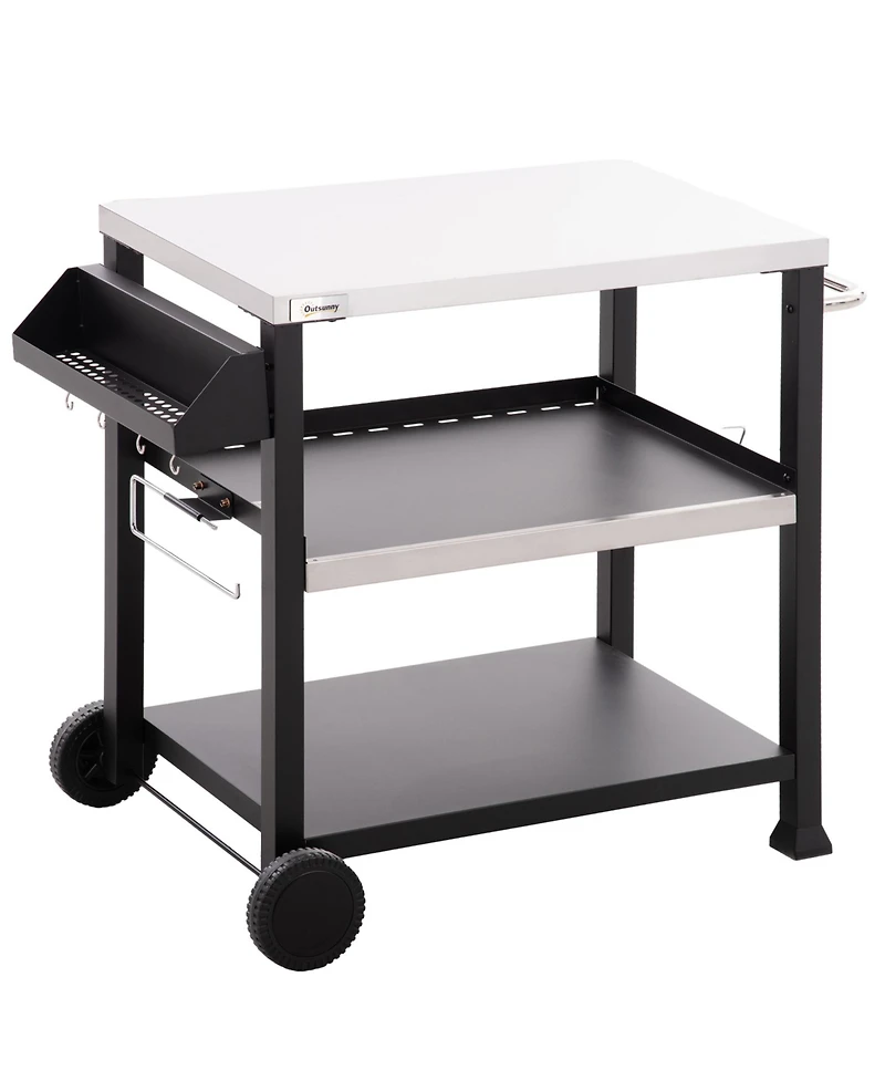 Outsunny Movable Stainless Steel 3-Shelf Outdoor Grill Cart w/ Side Handle