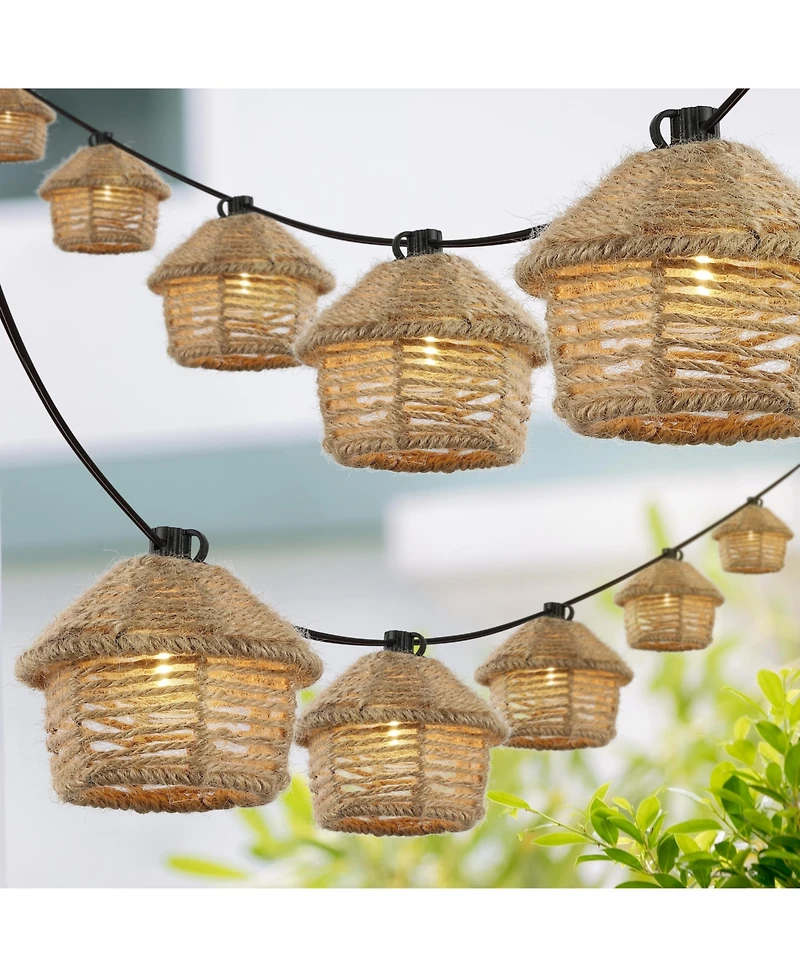 Jonathan Y Maui 10-Light Indoor/Outdoor 10 ft. Mid-Century Vintage Led G40 Tiki Hut Hemp Rope Shaded String Lights, Brown
