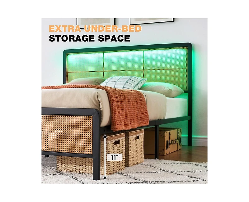 gaomon Queen Bed Frame with Led Lights, Metal Platform Bed Frame with Braided Design Headboard and Footboard, Noise Free Queen Size Mattress Foundatio