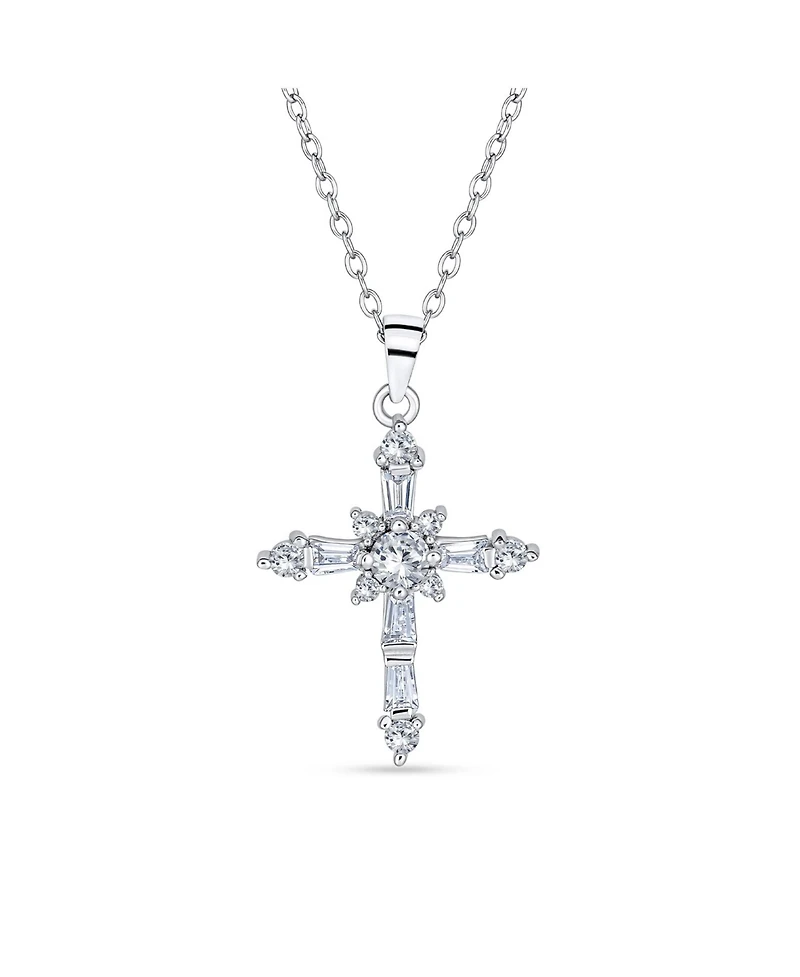 Bling Jewelry Delicate Marquise Cubic Zirconia Religious Cross Pendant Necklace Sterling Silver