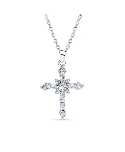 Bling Jewelry Delicate Marquise Cubic Zirconia Religious Cross Pendant Necklace Sterling Silver