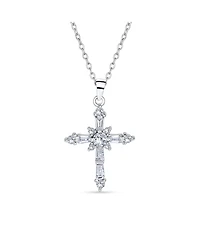 Bling Jewelry Delicate Marquise Cubic Zirconia Religious Cross Pendant Necklace Sterling Silver