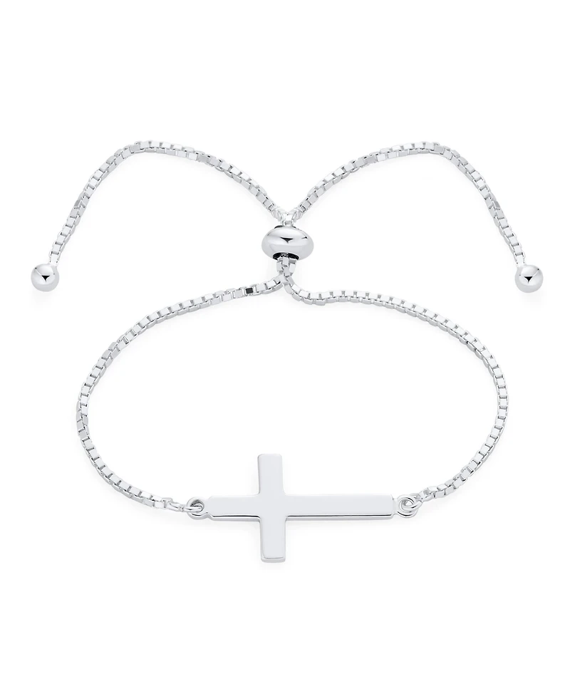 Bling Jewelry Religious Spiritual Horizonal Sideways Cross Slide Bolo Bracelet Gift Sterling Silver 7-8 Inch Adjustable